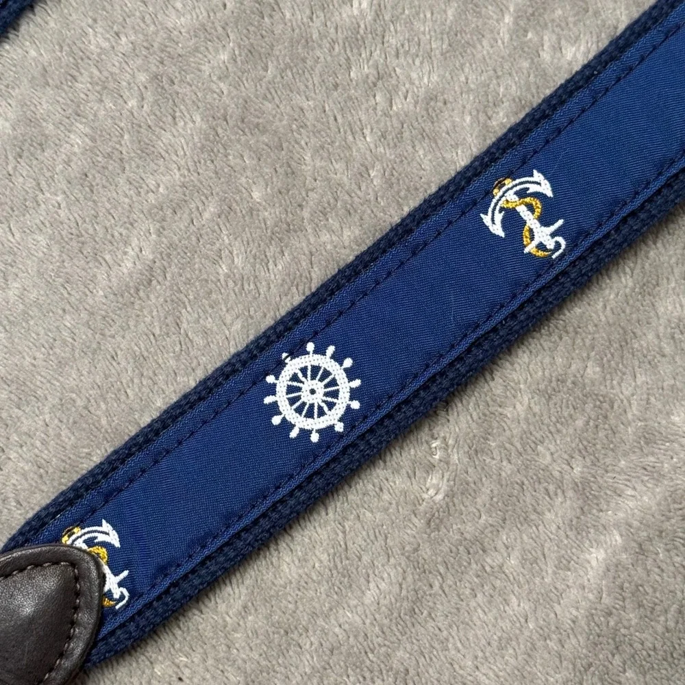 Men's Preppy Nautical Leather Canvas Belt Size 46 Blue Anchor Surcingle Sailing